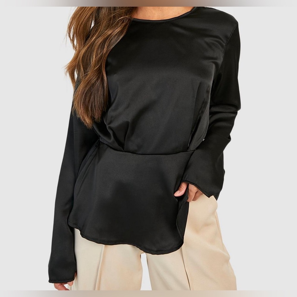 BooHoo Black Satin Pleat Front Wrap Back Blouse Size 6. NWT.